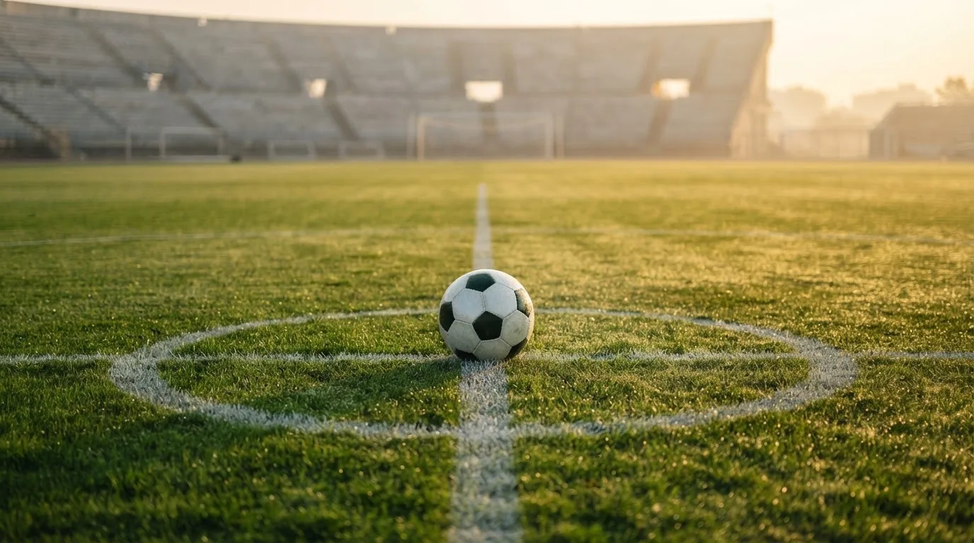 Ein Fußball liegt auf dem Mittelkreis eines leeren Rasenplatzes am frühen Morgen, im Hintergrund eine ferne Tribüne im Dunst.