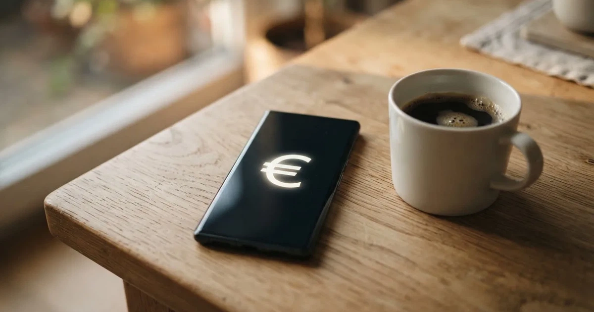Ein Smartphone mit dunklem Display liegt neben einer Kaffeetasse und einigen Münzen auf einem hellen Holztisch, weiches Tageslicht fällt von links.