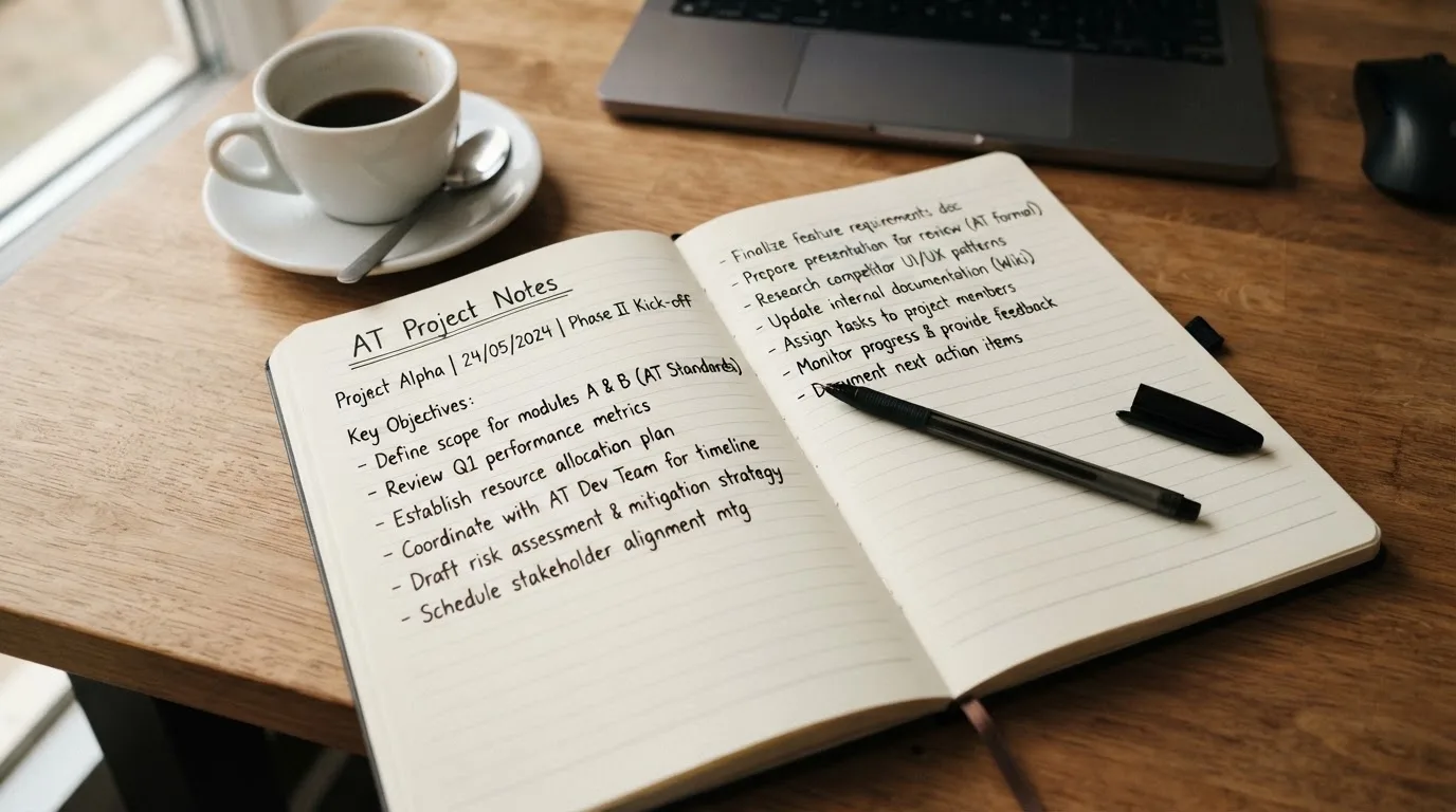 Ein Notizbuch mit handschriftlichen Notizen und ein Kugelschreiber liegen auf einem Schreibtisch neben einer Tasse, Blick schräg von oben.