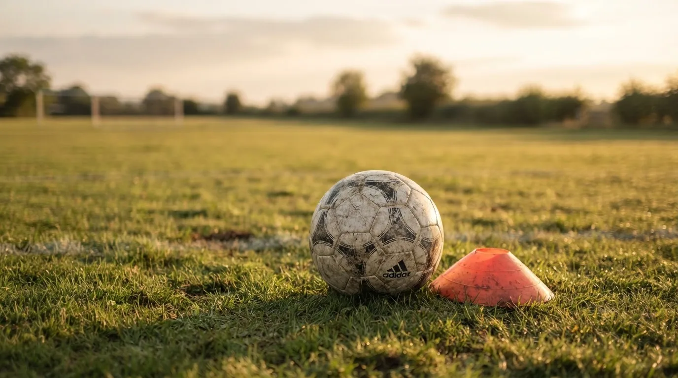 Ein Fußball liegt auf einem Trainingsplatz neben einem orangen Hütchen, Abendlicht fällt flach über den Rasen.