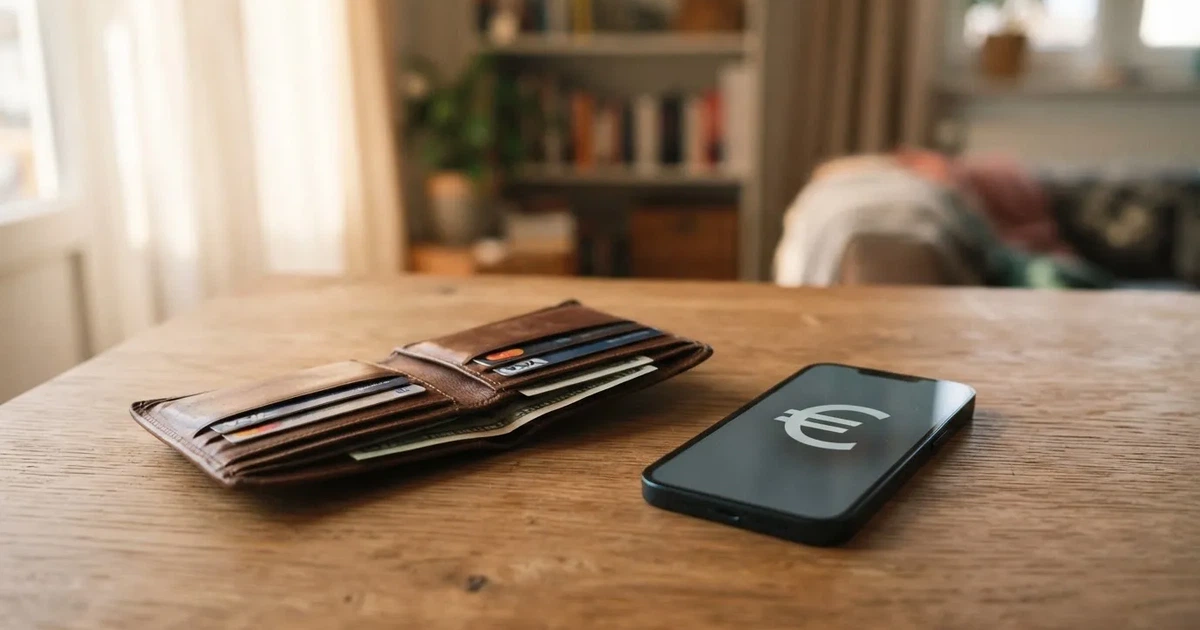 Ein Portemonnaie aus Leder liegt geöffnet auf einem Holztisch neben einem Smartphone mit dunklem Display, Fensterlicht fällt von der Seite.