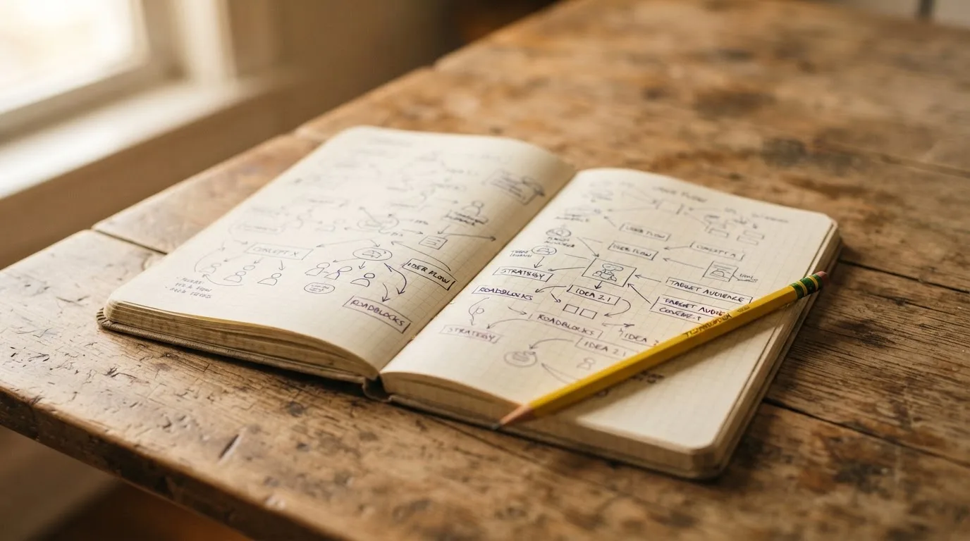 Ein aufgeschlagenes Notizbuch mit handschriftlichen Skizzen und Pfeilen liegt neben einem Bleistift auf einem Holztisch, Tageslicht fällt von der Seite.