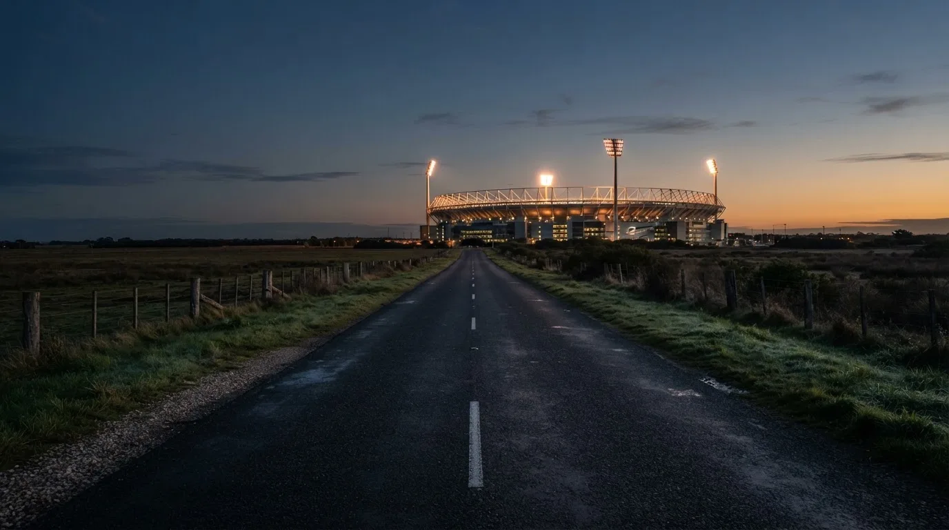 Ein Flutlichtstadion erhebt sich bei Dämmerung in der Ferne hinter einer leeren Landstraße, die Lichter sind eingeschaltet.