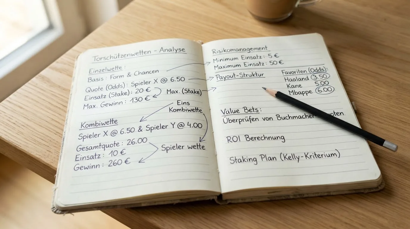 Ein aufgeschlagenes Notizbuch mit handschriftlichen Notizen und Pfeilen liegt neben einem Bleistift auf einem Holztisch, Tageslicht von links.