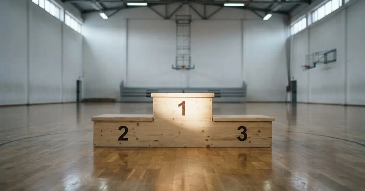 Ein Podium aus hellem Holz steht in einer leeren Sporthalle unter Hallenlicht, ohne Beschriftung oder Zahlen, niemand ist zu sehen.