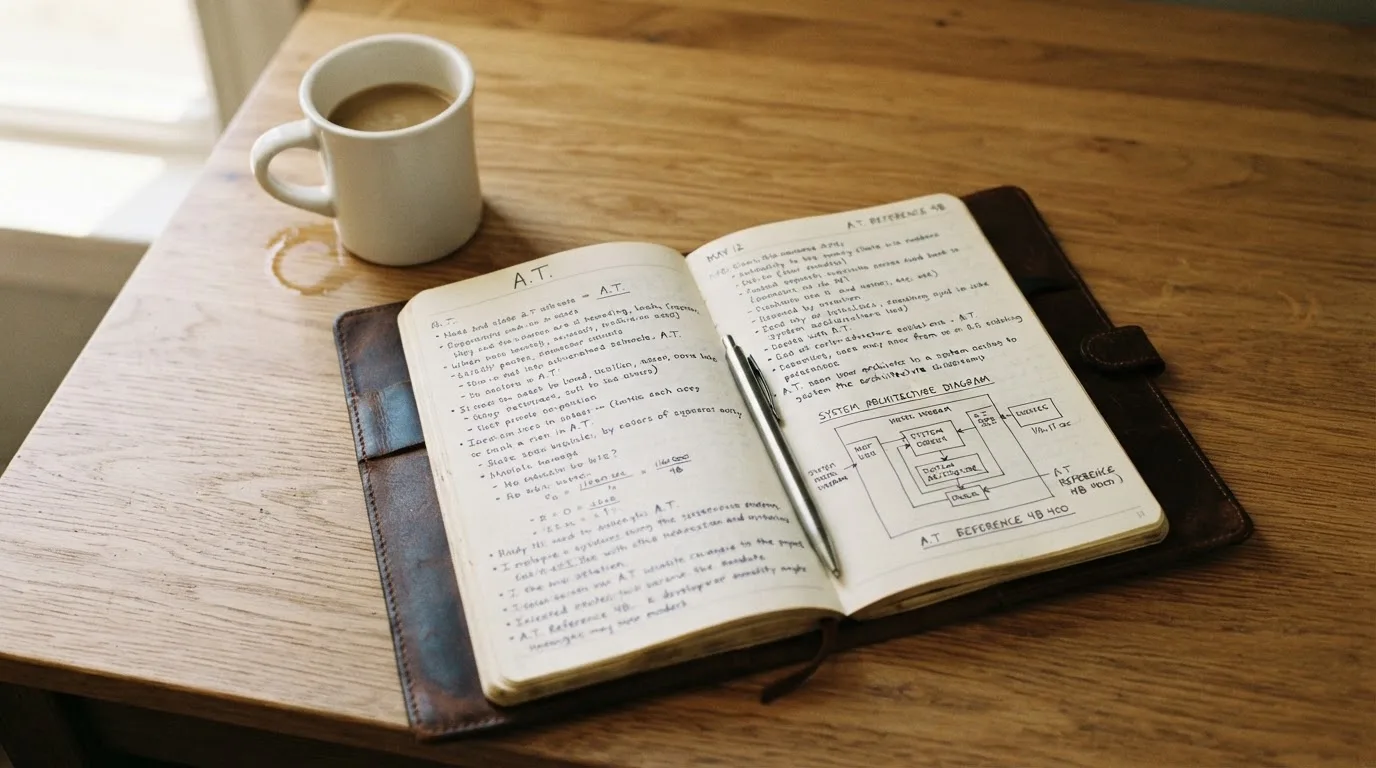 Ein Notizbuch mit handschriftlichen Notizen und ein Kugelschreiber liegen auf einem Schreibtisch neben einer Tasse, Blick schräg von oben.
