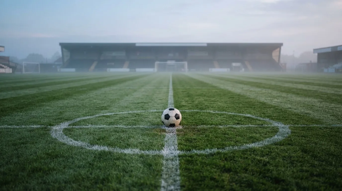Ein Fußball liegt auf dem Anstoßpunkt eines leeren Rasenplatzes im Morgendunst, im Hintergrund eine ferne Tribüne.