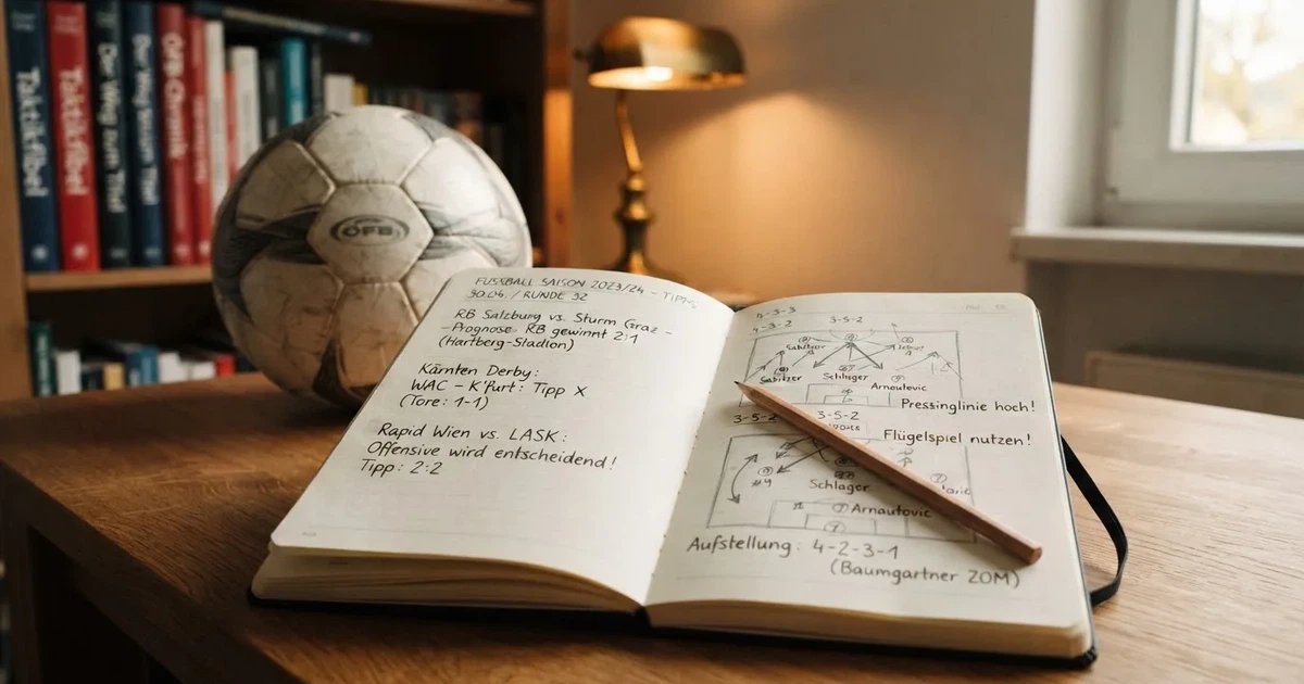Ein Notizbuch mit handschriftlichen Notizen und kleinen Skizzen liegt aufgeschlagen neben einem Bleistift auf einem Schreibtisch, daneben ein Fußball.