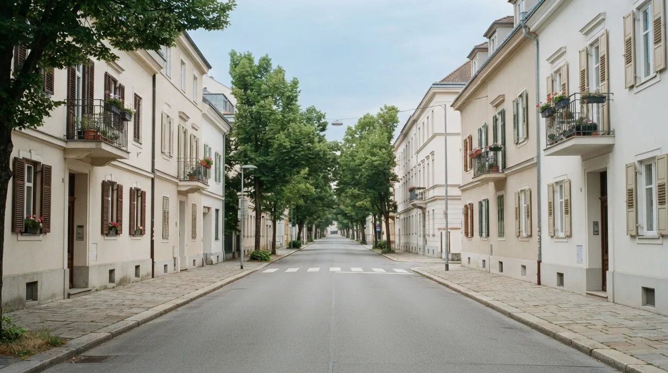 Ein Straßenzug mit hellen Fassaden an einem ruhigen Vormittag, kein Verkehr, keine Schilder, niemand ist zu sehen.