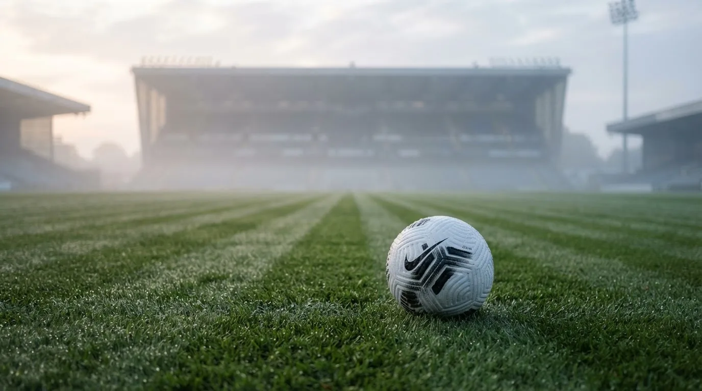 Ein Fußball liegt auf einem Rasenplatz, im Hintergrund eine ferne Tribüne im Morgendunst, Tau glänzt im Gras.