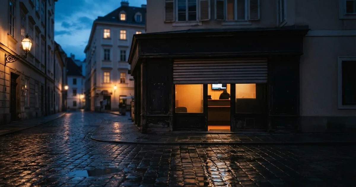 Ein hell erleuchtetes Ladenlokal ohne Beschriftung an einer Straßenecke bei Dämmerung, das Rollo ist halb geöffnet, niemand ist zu sehen.