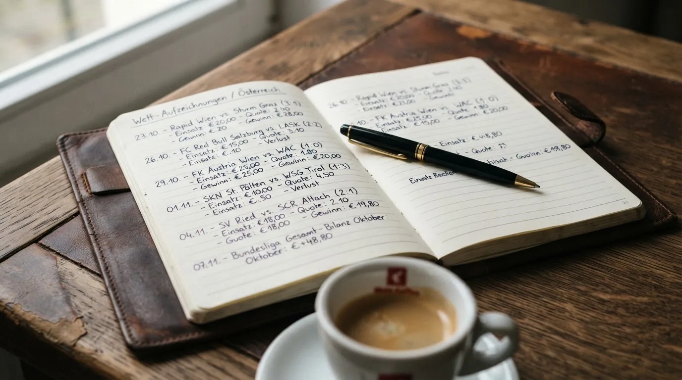 Ein Notizbuch mit handschriftlichen Notizen und ein Kugelschreiber liegen auf einem Schreibtisch neben einer Tasse, Blick schräg von oben.
