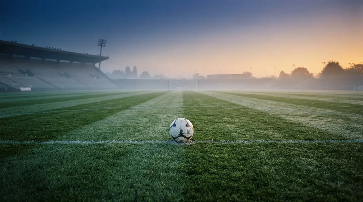 Ein Fußball liegt auf dem Mittelkreis eines leeren Rasenplatzes am frühen Morgen, im Hintergrund eine ferne Tribüne im Dunst.
