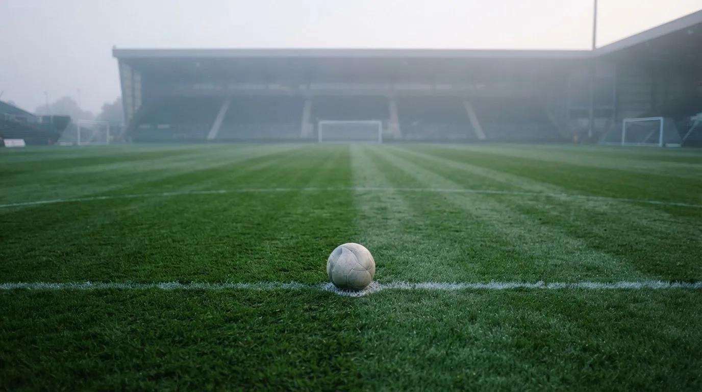 Ein Fußball liegt auf dem Mittelkreis eines leeren Rasenplatzes am frühen Morgen, im Hintergrund eine ferne Tribüne im Dunst.