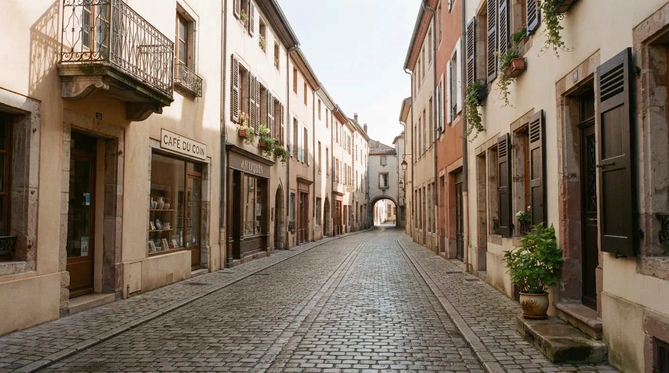 Ein ruhiger Straßenzug in einer Altstadt am Vormittag, helle Fassaden, keine Schilder, niemand ist zu sehen.