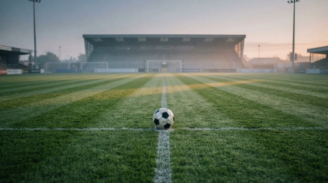 Ein Fußball liegt auf dem Mittelkreis eines leeren Rasenplatzes am frühen Morgen, im Hintergrund eine ferne Tribüne im Dunst.