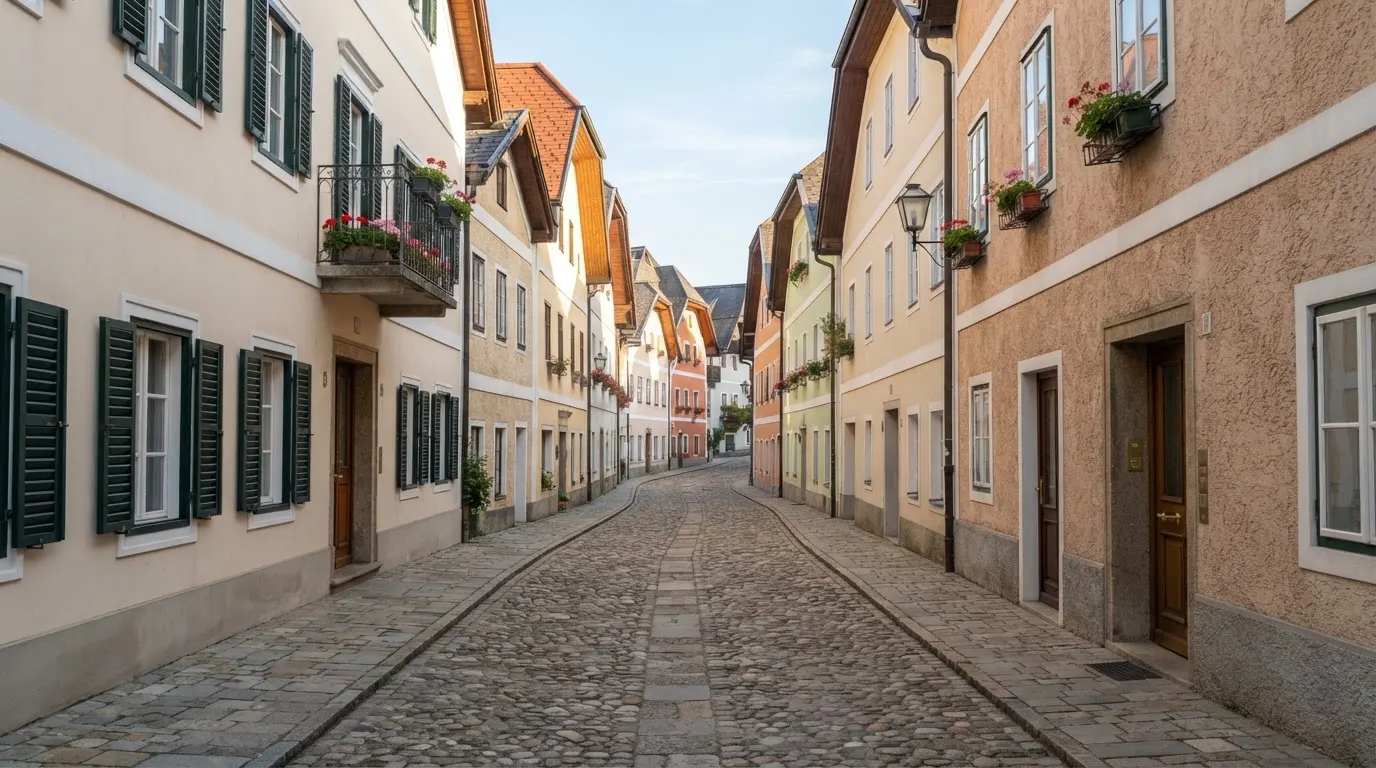 Ein ruhiger Straßenzug in einer Altstadt am Vormittag, helle Fassaden, keine Schilder, niemand ist zu sehen.