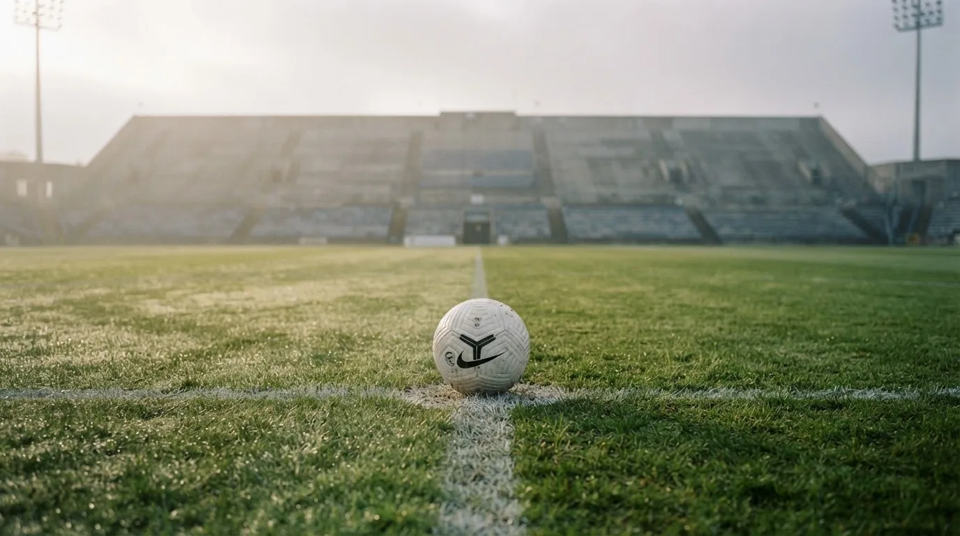 Ein Fußball liegt auf dem Mittelkreis eines leeren Rasenplatzes am frühen Morgen, im Hintergrund eine ferne Tribüne im Dunst.