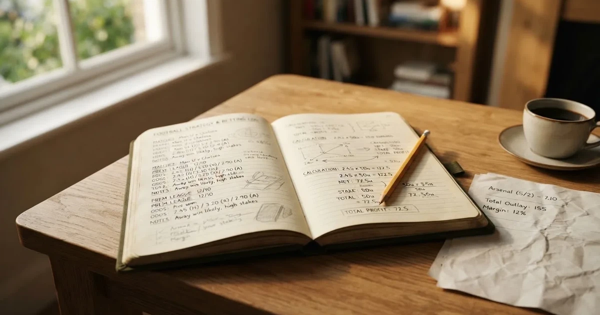 Ein Notizbuch mit handschriftlichen Notizen und kleinen Skizzen liegt aufgeschlagen neben einem Bleistift auf einem Schreibtisch, Fensterlicht von links.