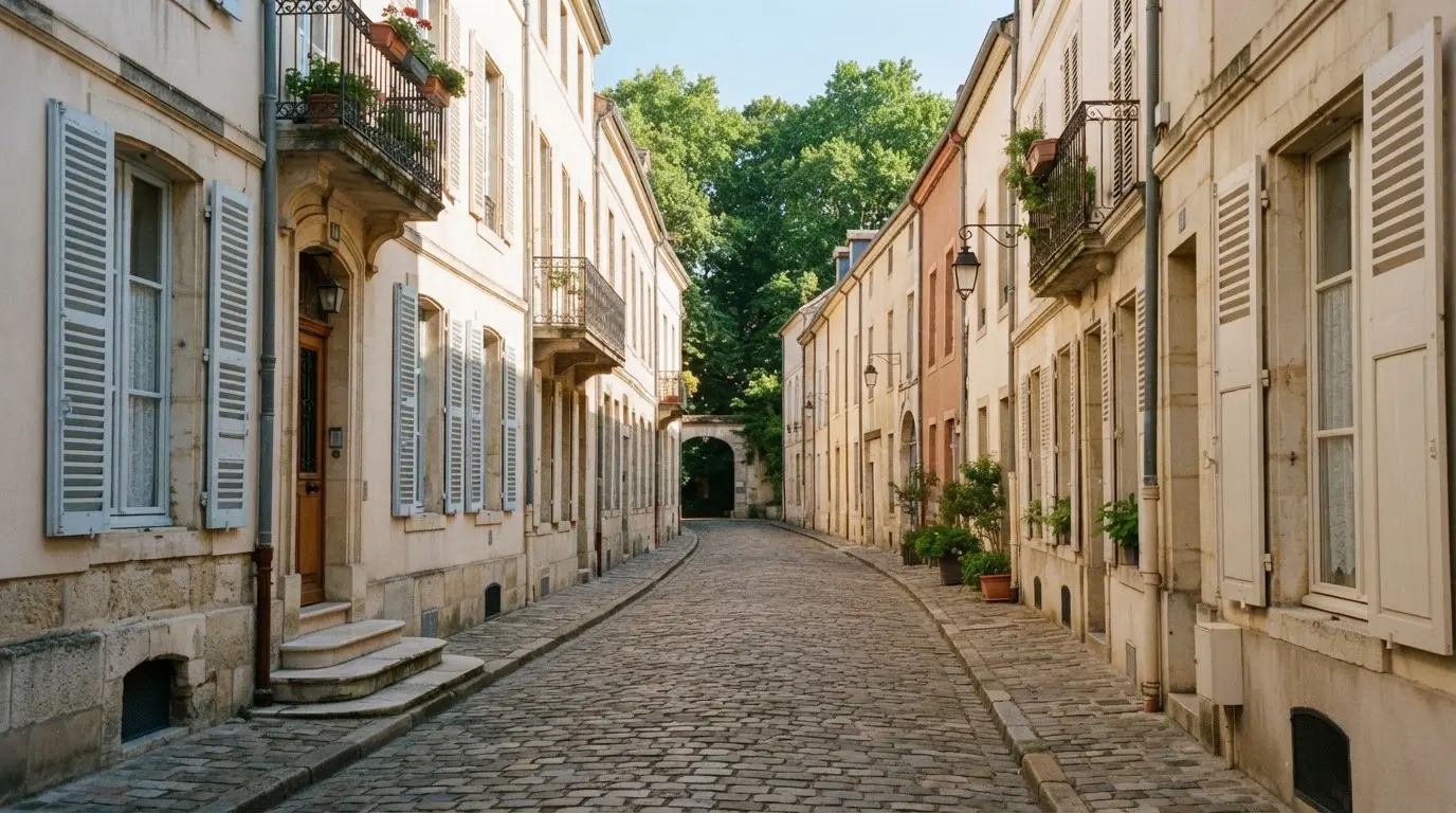 Ein ruhiger Straßenzug in einer Altstadt am Vormittag, helle Fassaden, keine Schilder, niemand ist zu sehen.