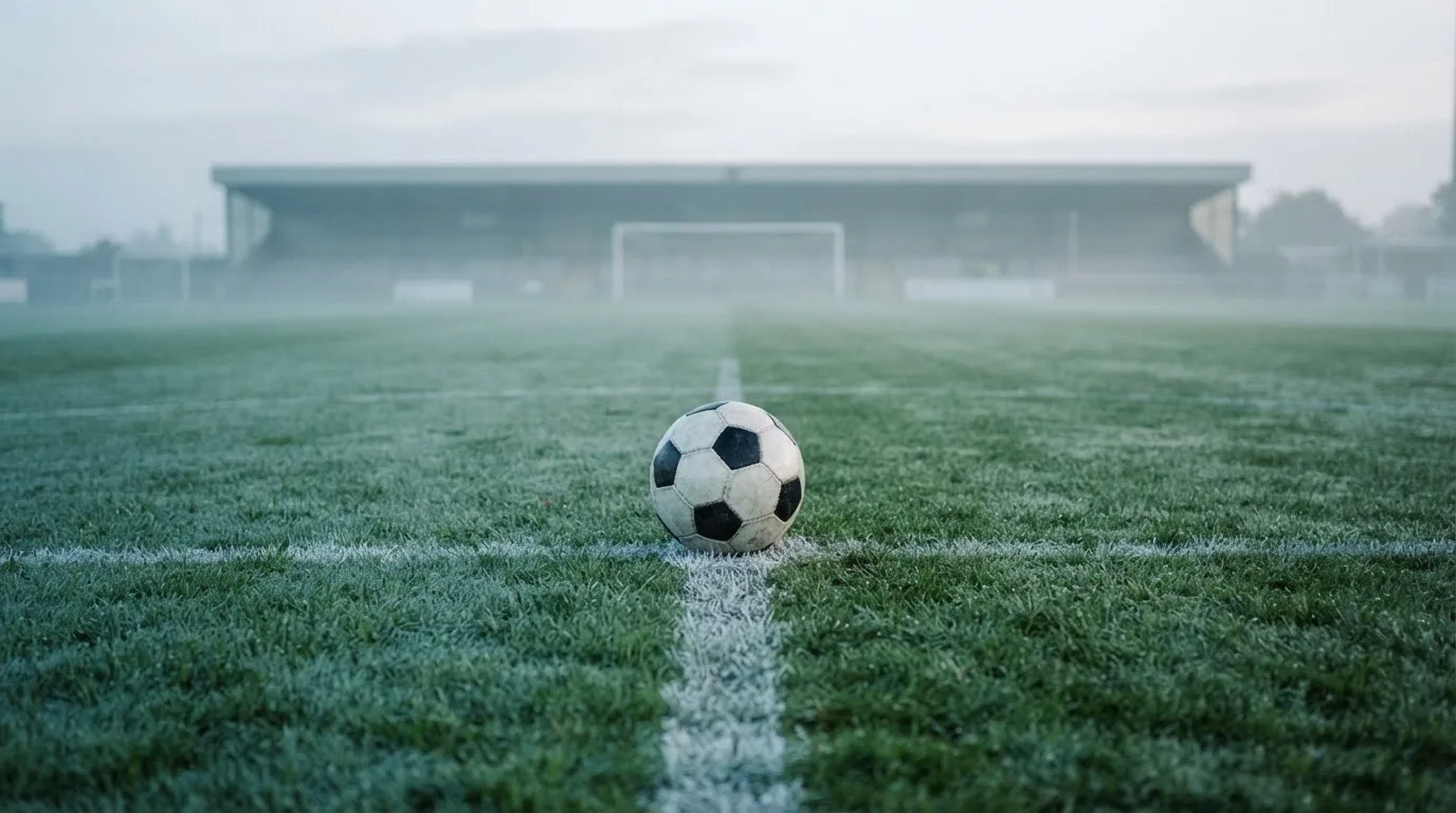 Ein Fußball liegt auf dem Anstoßpunkt eines leeren Rasenplatzes im Morgendunst, im Hintergrund eine ferne Tribüne.