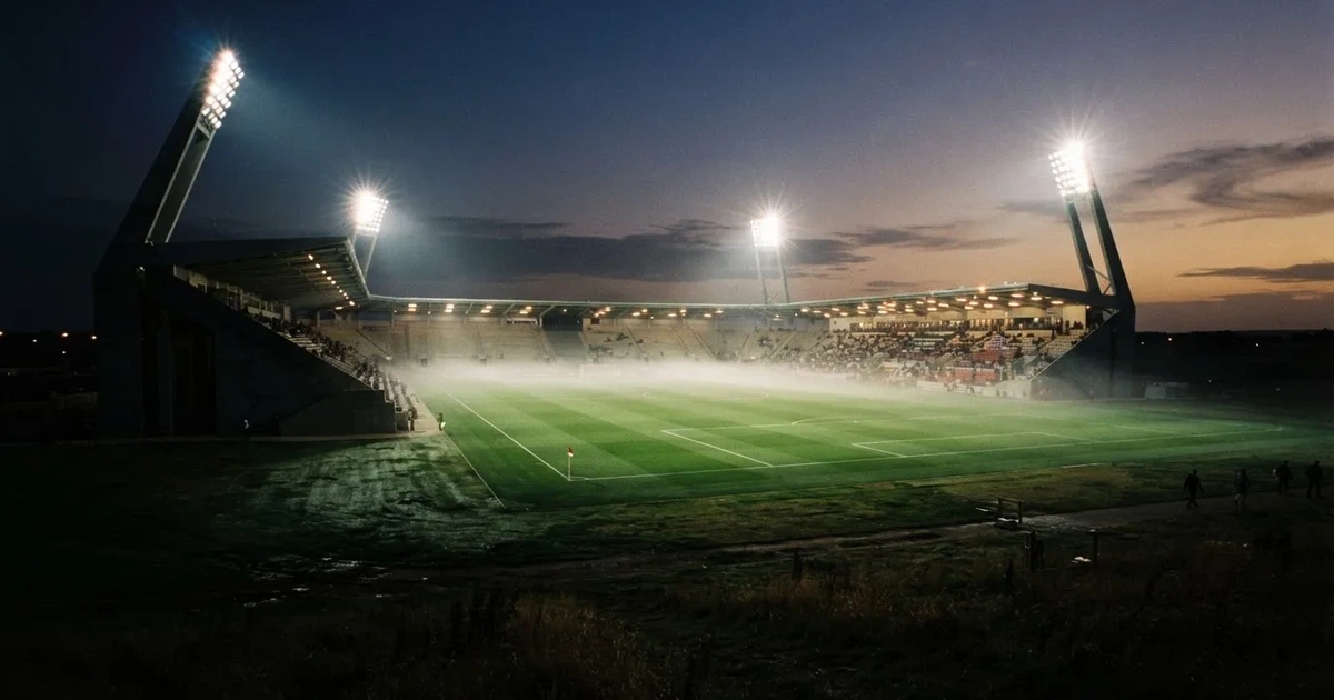 Ein Stadion unter Flutlicht aus der Ferne am Abend, hell erleuchtet, Nebel liegt über dem Rasen.