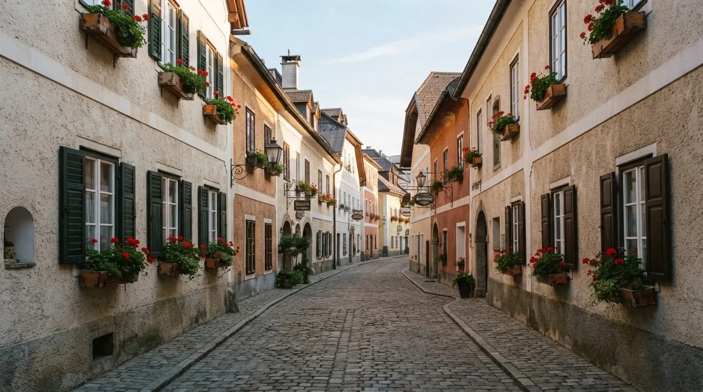 Ein ruhiger Straßenzug in einer Altstadt am Vormittag, helle Fassaden, keine Schilder, niemand ist zu sehen.
