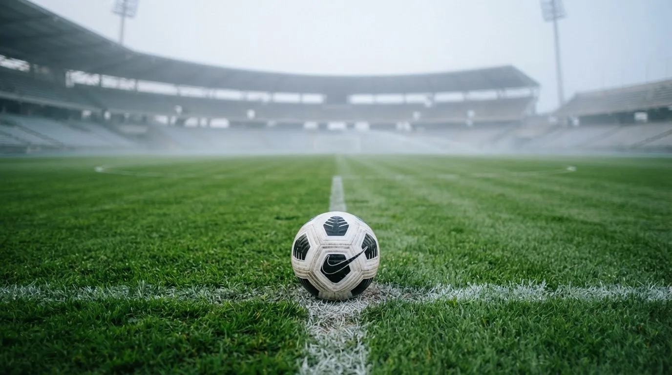 Ein Fußball liegt auf dem Anstoßpunkt eines leeren Rasenplatzes im Morgennebel, im Hintergrund verschwimmen die Tribünen.