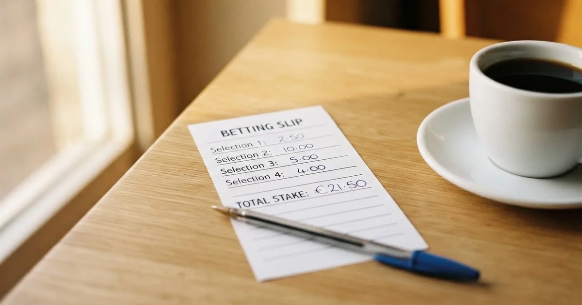 Ein leerer Wettschein aus Papier und ein Kugelschreiber liegen auf einem hellen Holztisch neben einer Kaffeetasse im warmen Seitenlicht.