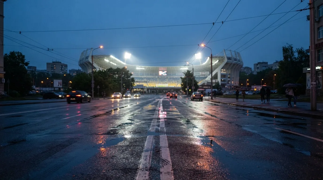 Ein Stadion unter Flutlicht aus großer Entfernung gesehen, davor eine nasse Straße in der Abenddämmerung.