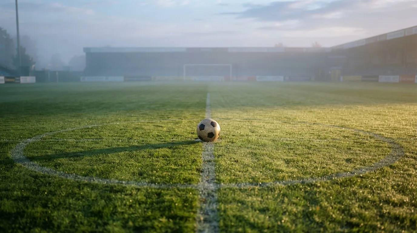 Ein Fußball liegt auf dem Anstoßpunkt eines leeren Rasenplatzes im Morgennebel.