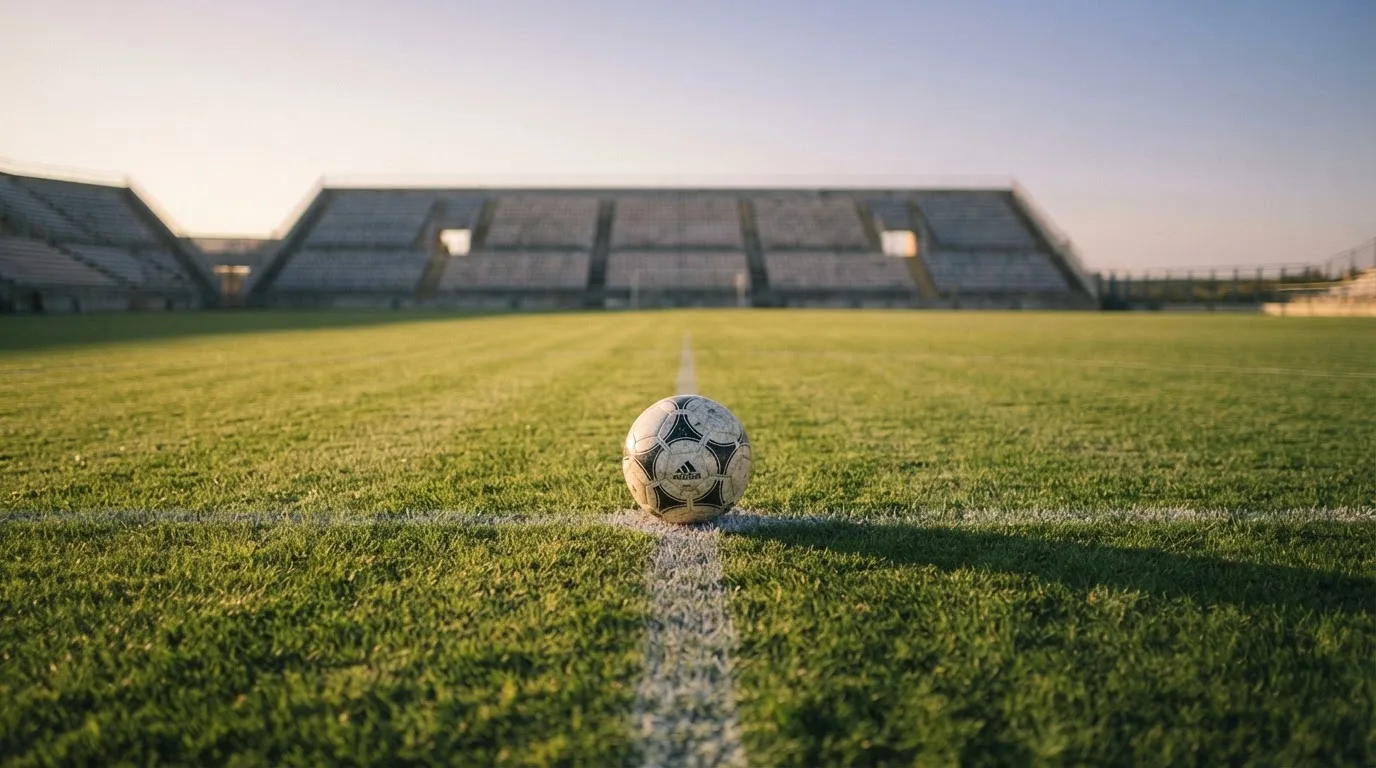 Ein Fußball liegt auf dem Anstoßpunkt eines leeren Rasenplatzes, dahinter eine menschenleere Tribüne im weichen Abendlicht.