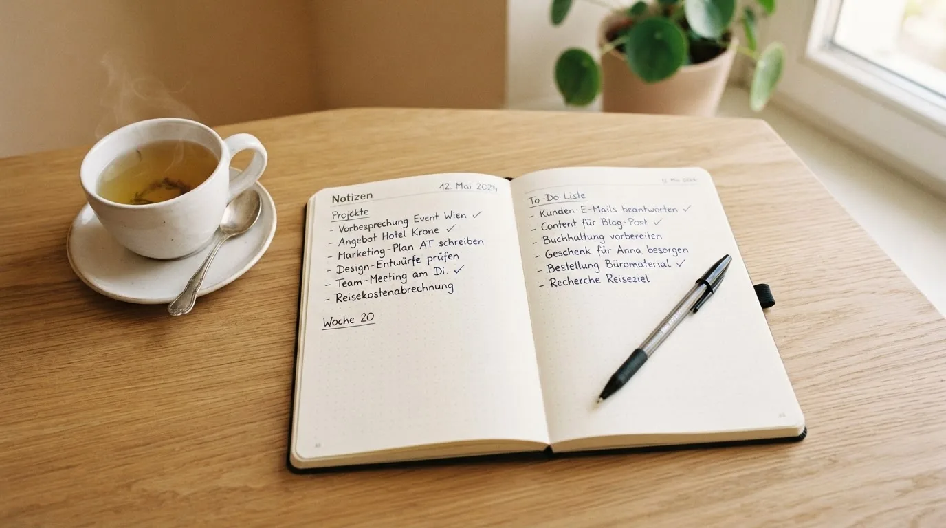 Ein aufgeschlagenes Notizbuch mit handgeschriebenen Notizen und ein Kugelschreiber liegen auf einem Schreibtisch neben einer Tasse Tee.