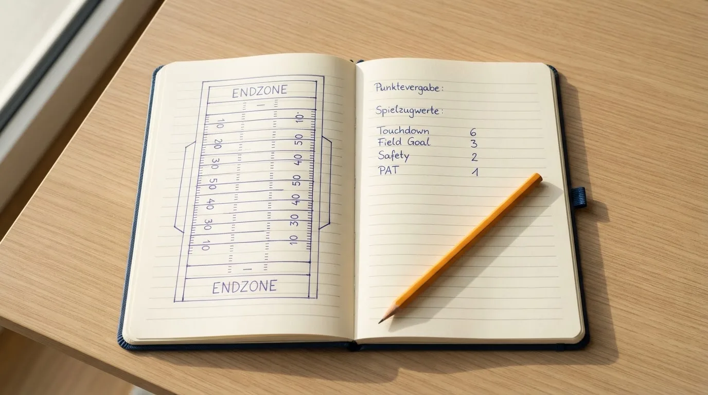 Ein Notizbuch mit handschriftlichen Skizzen und Zahlenreihen liegt aufgeschlagen auf einem Schreibtisch, daneben ein Bleistift.