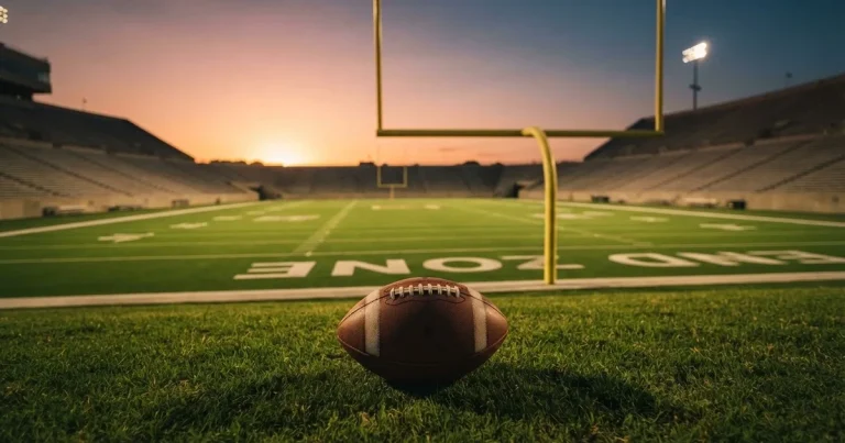 Ein ovaler Football liegt auf dem Rasen vor den gelben Torstangen eines leeren Stadions in der Abenddämmerung.