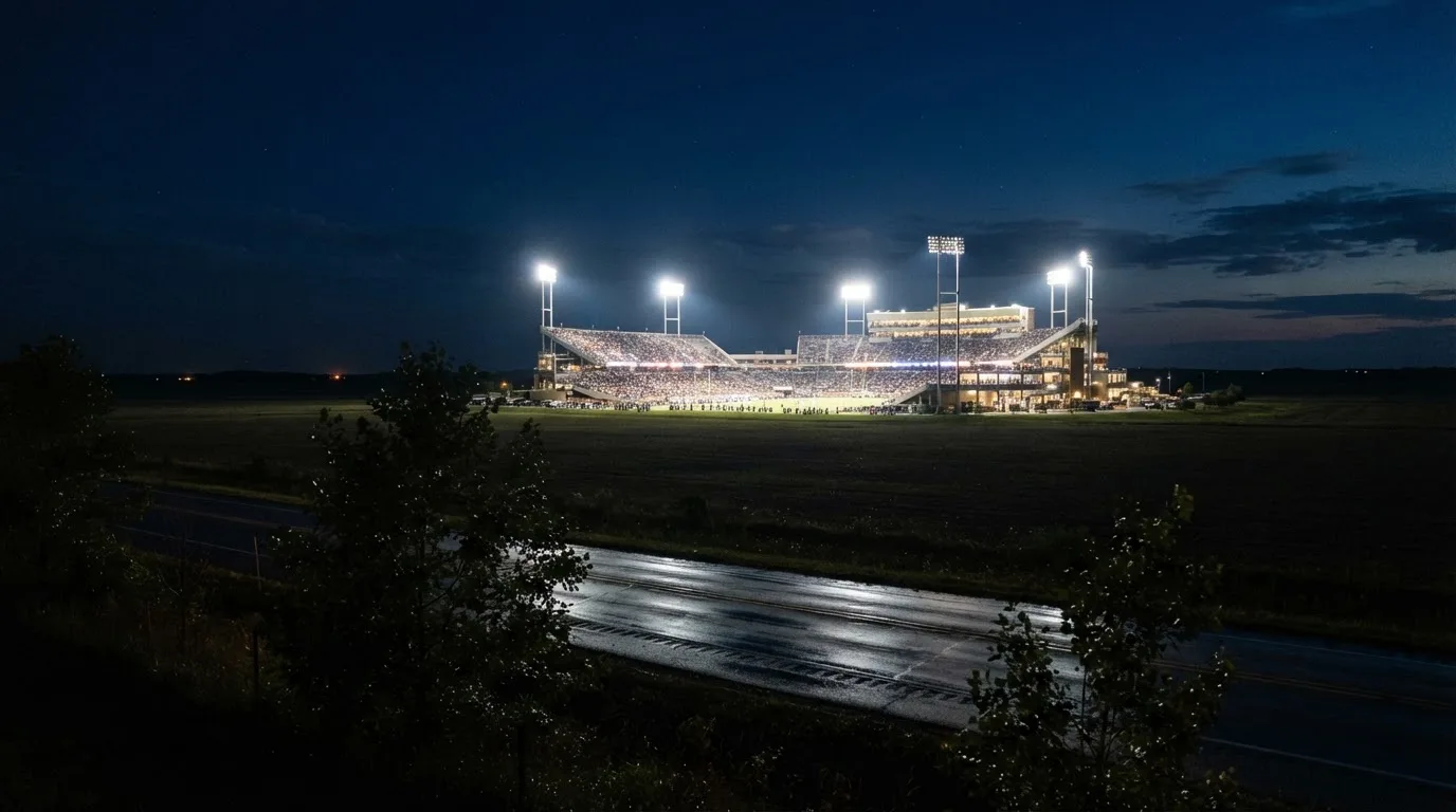 Ein großes Stadion unter Flutlicht aus weiter Entfernung gesehen, davor eine dunkle Landstraße und ein paar Bäume.