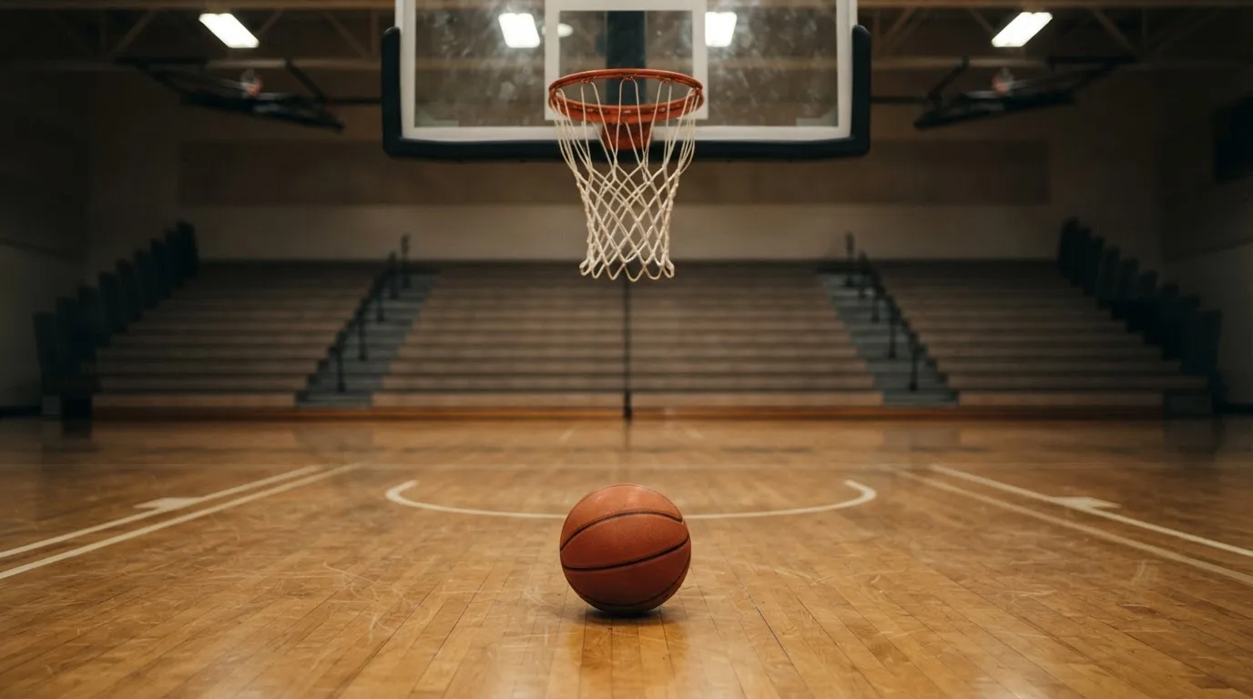 Ein orangefarbener Basketball liegt auf einem Hallenboden unter dem Netz eines Korbs, im Hintergrund unscharf leere Sitzreihen.