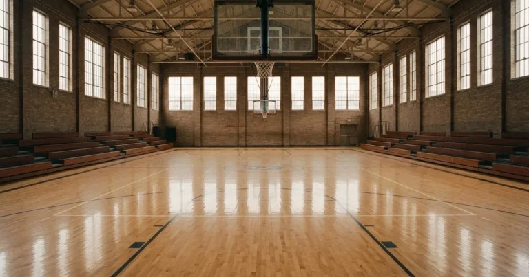 Ein leeres Basketballfeld in einer Halle mit glänzendem Parkett und einem Korb, durch hohe Fenster fällt Tageslicht.