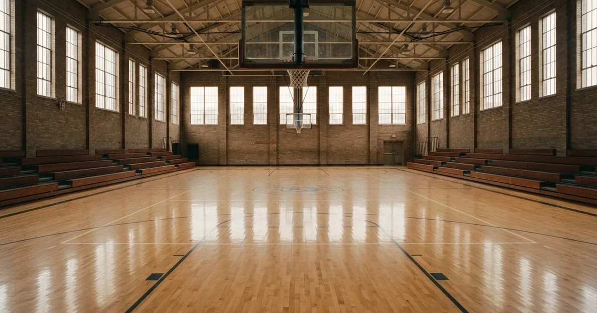 Ein leeres Basketballfeld in einer Halle mit glänzendem Parkett und einem Korb, durch hohe Fenster fällt Tageslicht.