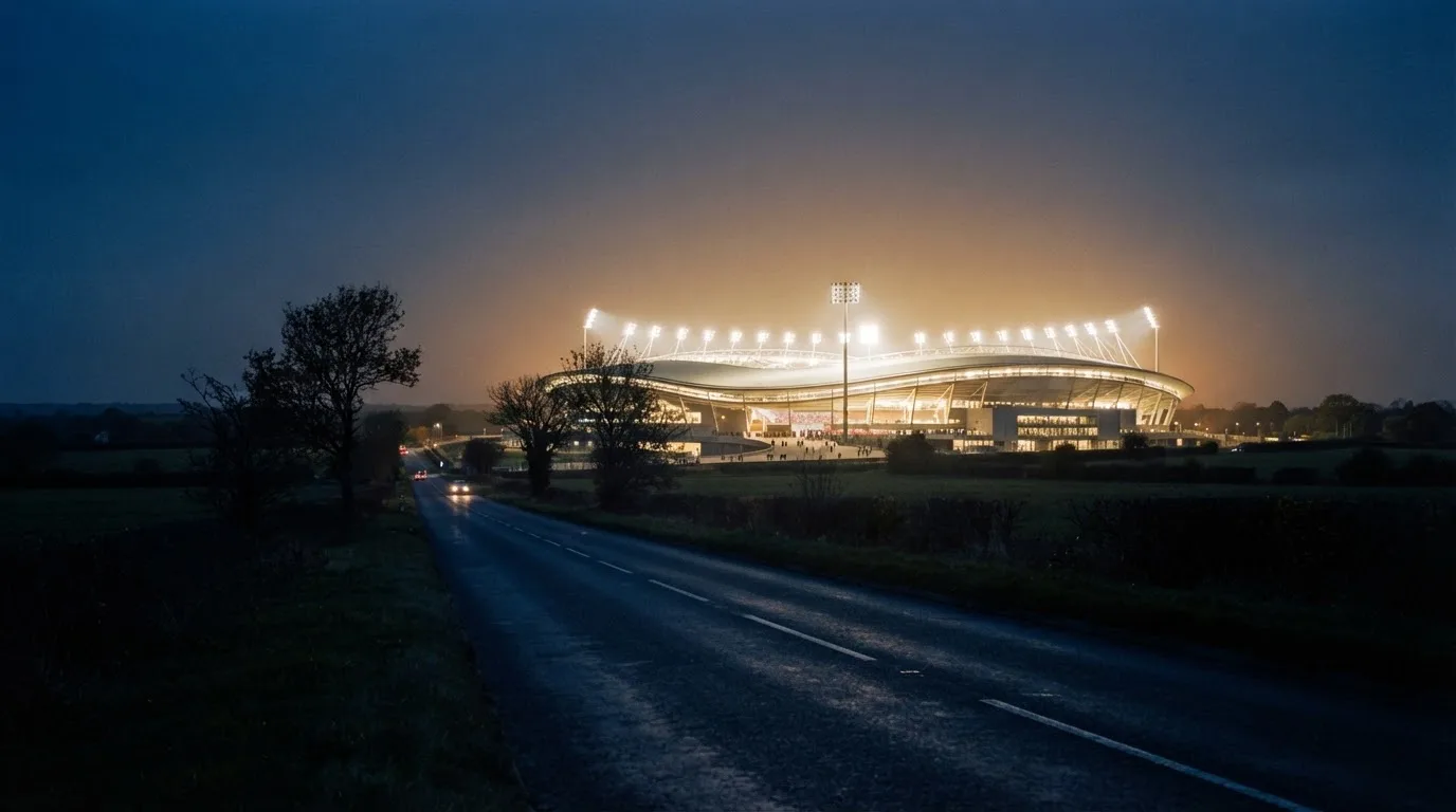 Ein Stadion unter Flutlicht aus großer Entfernung gesehen, davor eine dunkle Landstraße und einzelne Bäume in der Dämmerung.