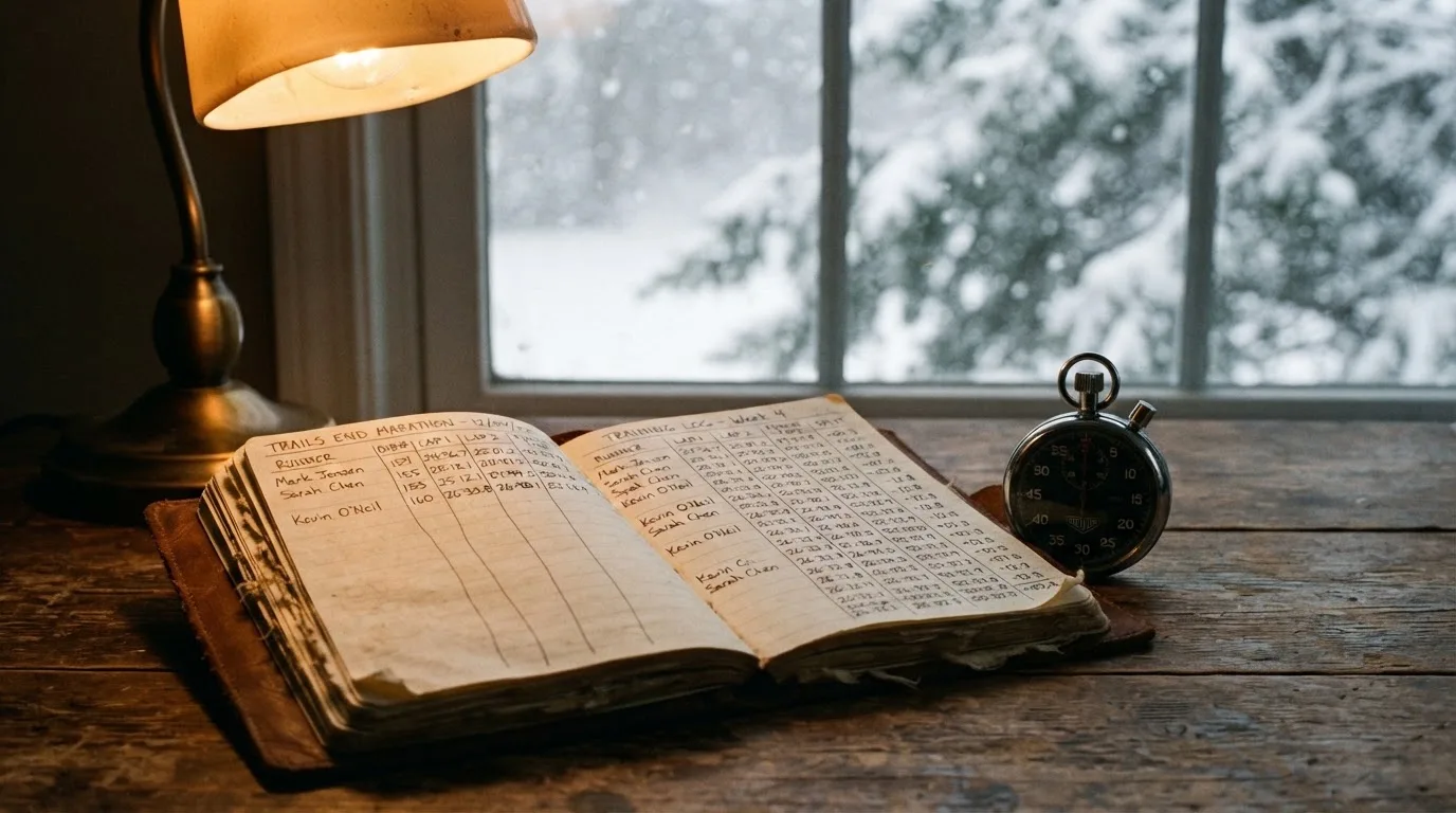 Ein Notizbuch mit handschriftlichen Zeiten liegt neben einer Stoppuhr auf einem Holztisch, draußen vor dem Fenster fällt Schnee.