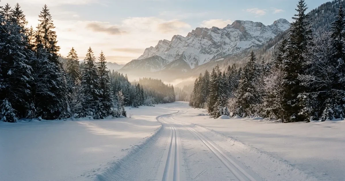 Eine verschneite Loipe im Morgenlicht mit gespurter Spur, im Hintergrund dunkler Nadelwald und eine Bergkette ohne Menschen.