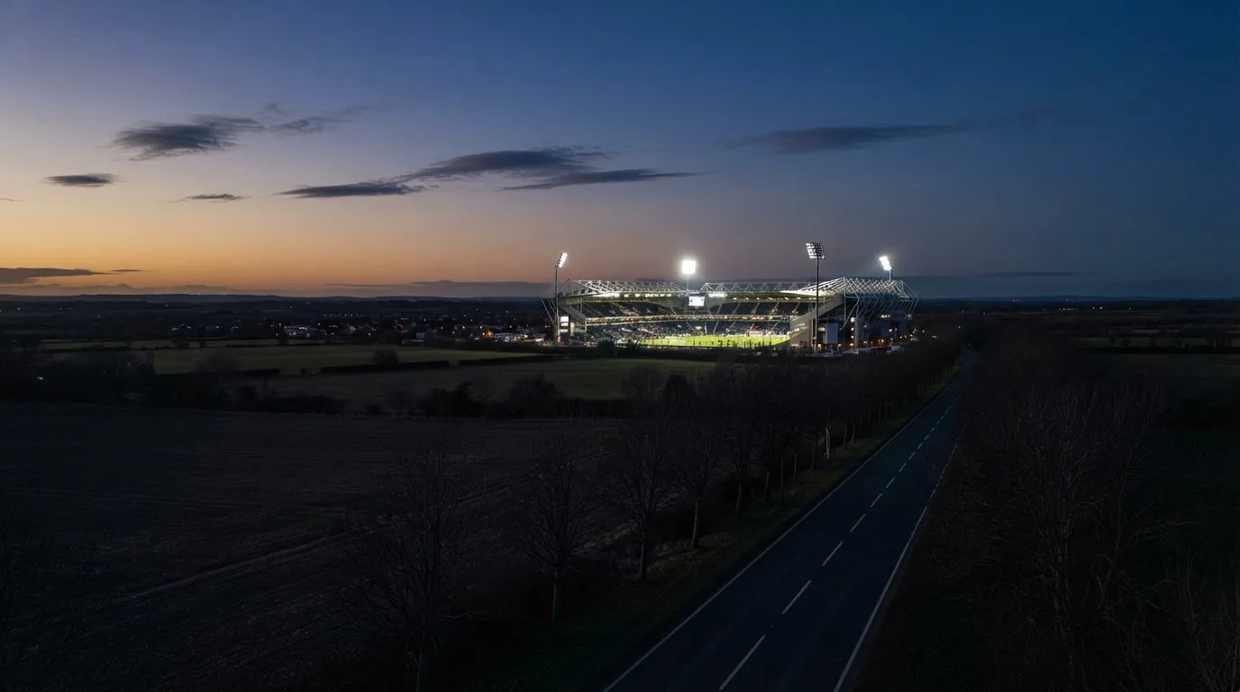 Ein Fußballstadion unter Flutlicht aus großer Entfernung gesehen, davor Felder und eine ruhige Straße in der Dämmerung.
