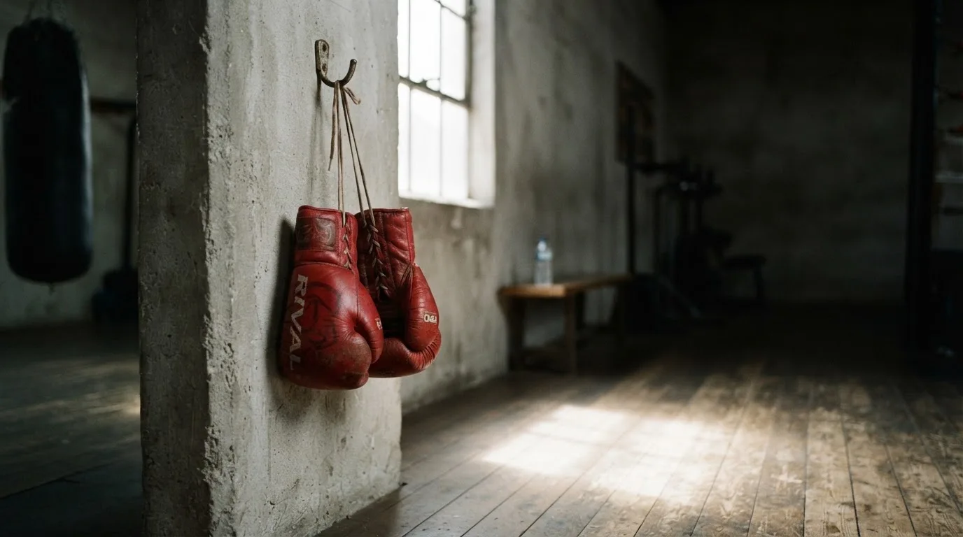 Ein Paar Boxhandschuhe hängt an einem Haken in einer leeren Trainingshalle, durch ein Fenster fällt Tageslicht auf den Boden.
