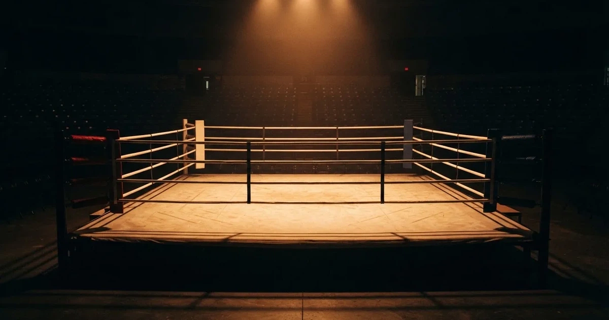 Ein leerer Boxring mit gespannten Seilen unter einer Hallenlampe, der Ringboden ist im Licht gut zu erkennen, niemand ist zu sehen.