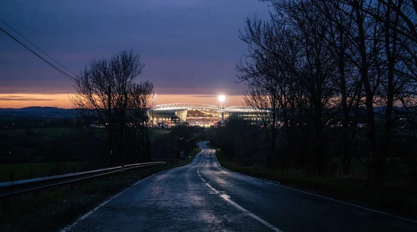 Ein Stadion unter Flutlicht aus großer Entfernung gesehen, davor eine dunkle Landstraße und einzelne Bäume in der Dämmerung.
