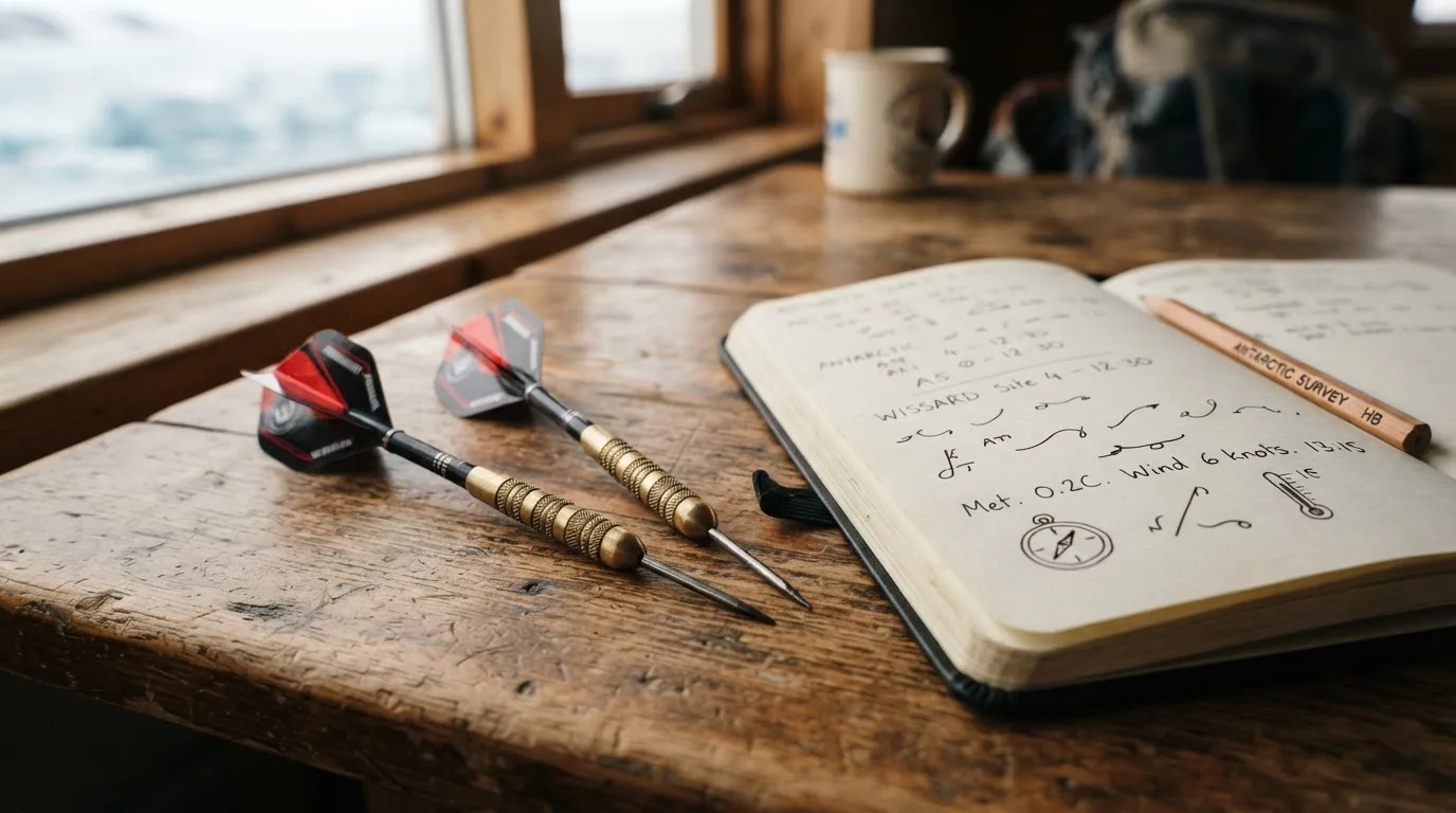 Wurfpfeile liegen auf einem Holztisch neben einem Notizbuch mit handschriftlichen Zeilen, Tageslicht fällt von links ein.