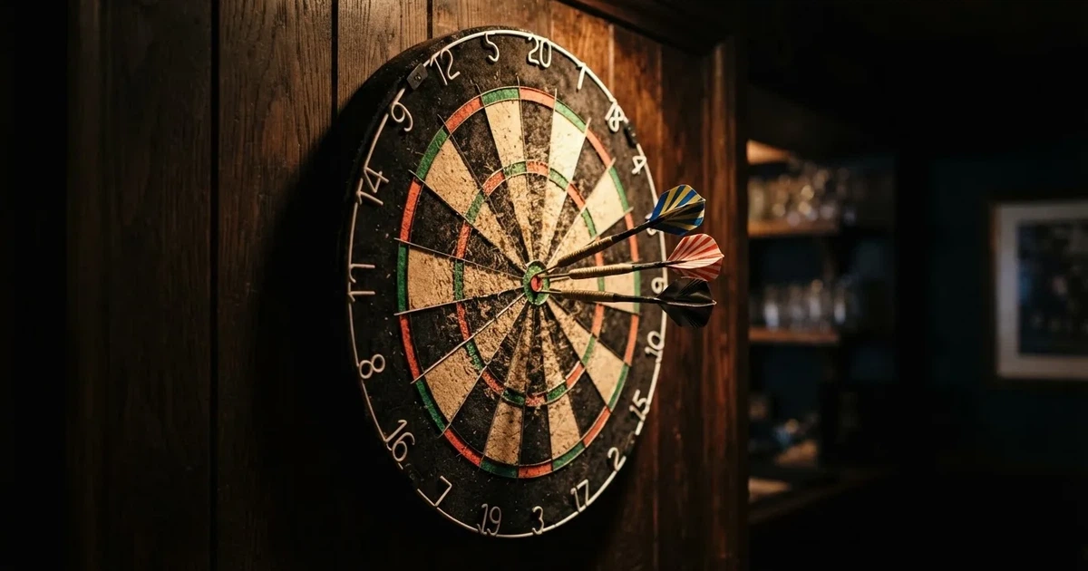 Eine Dartscheibe an einer Holzwand in einem schwach beleuchteten Raum, drei Pfeile stecken nahe der Mitte, warmes Licht von der Seite.
