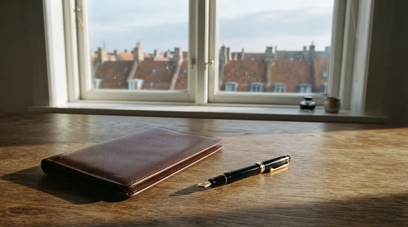 Ein leerer Schreibtisch mit Füllfeder und geschlossenem Ordner im Morgenlicht, daneben ein Fenster mit Blick auf Dächer.