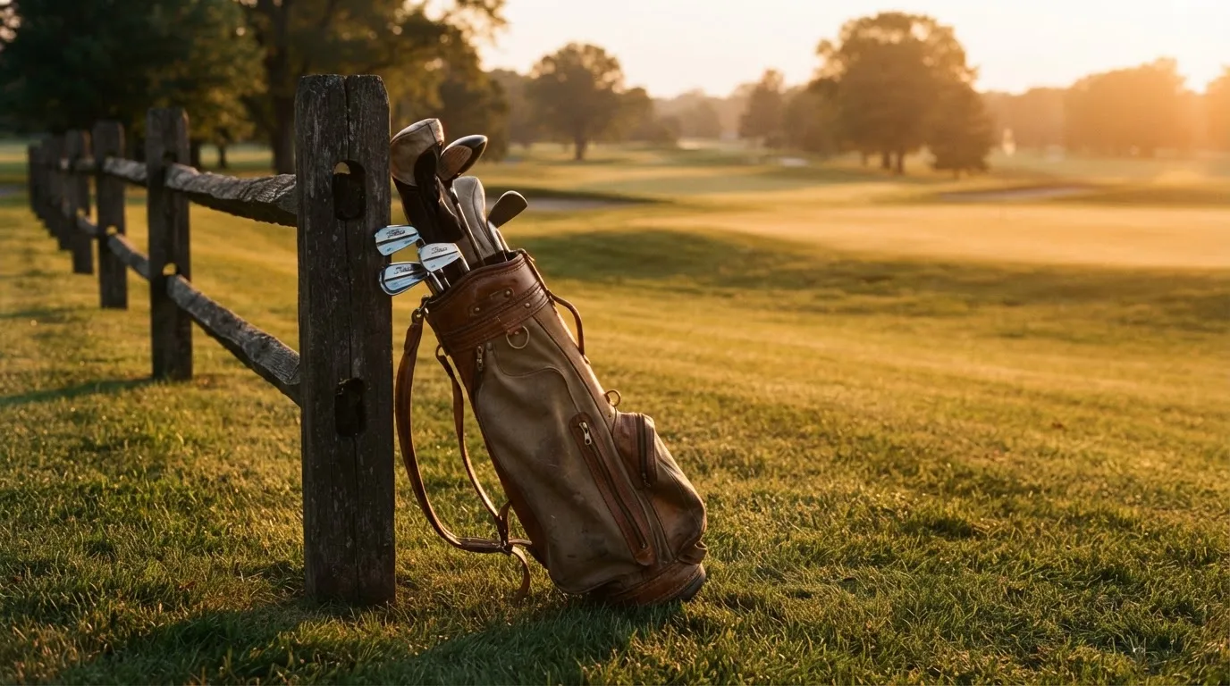 Ein Golfbag mit Schlägern lehnt an einem Holzzaun am Rand einer Spielbahn, tiefstehende Sonne von der Seite.